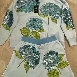 Light Blue Floral Sequin Mini Skirt - Hydrangea Print